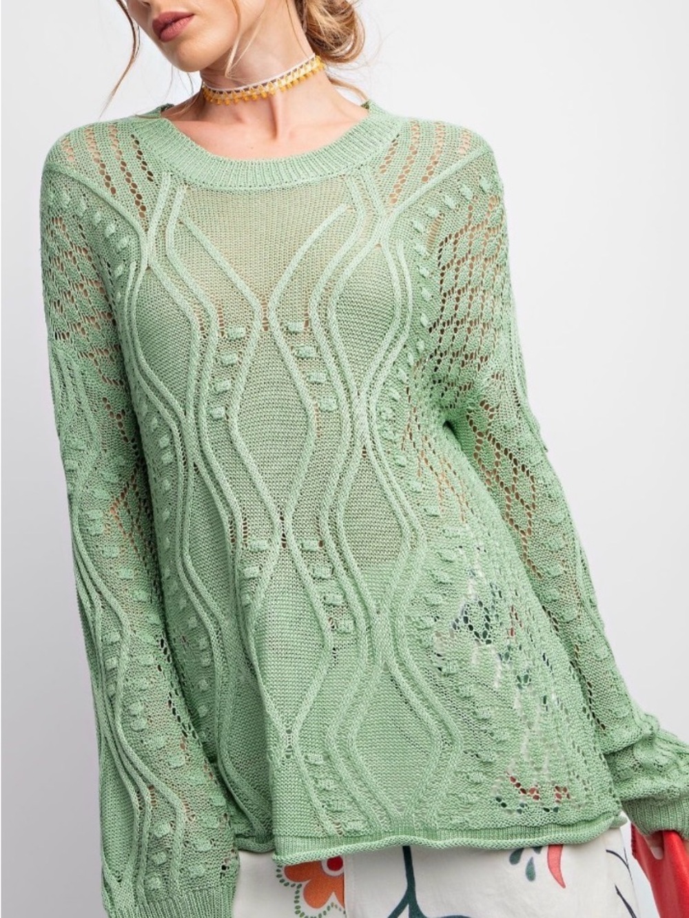 easel Mint Green Openwork Cable Knit Pullover